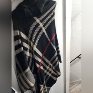 Ladies Ribbed Collar Warp Tartan Ponchos Shawl
